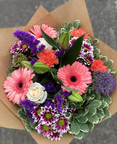 peach and purple flowers