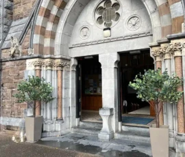 eucalyptus trees at church entrance